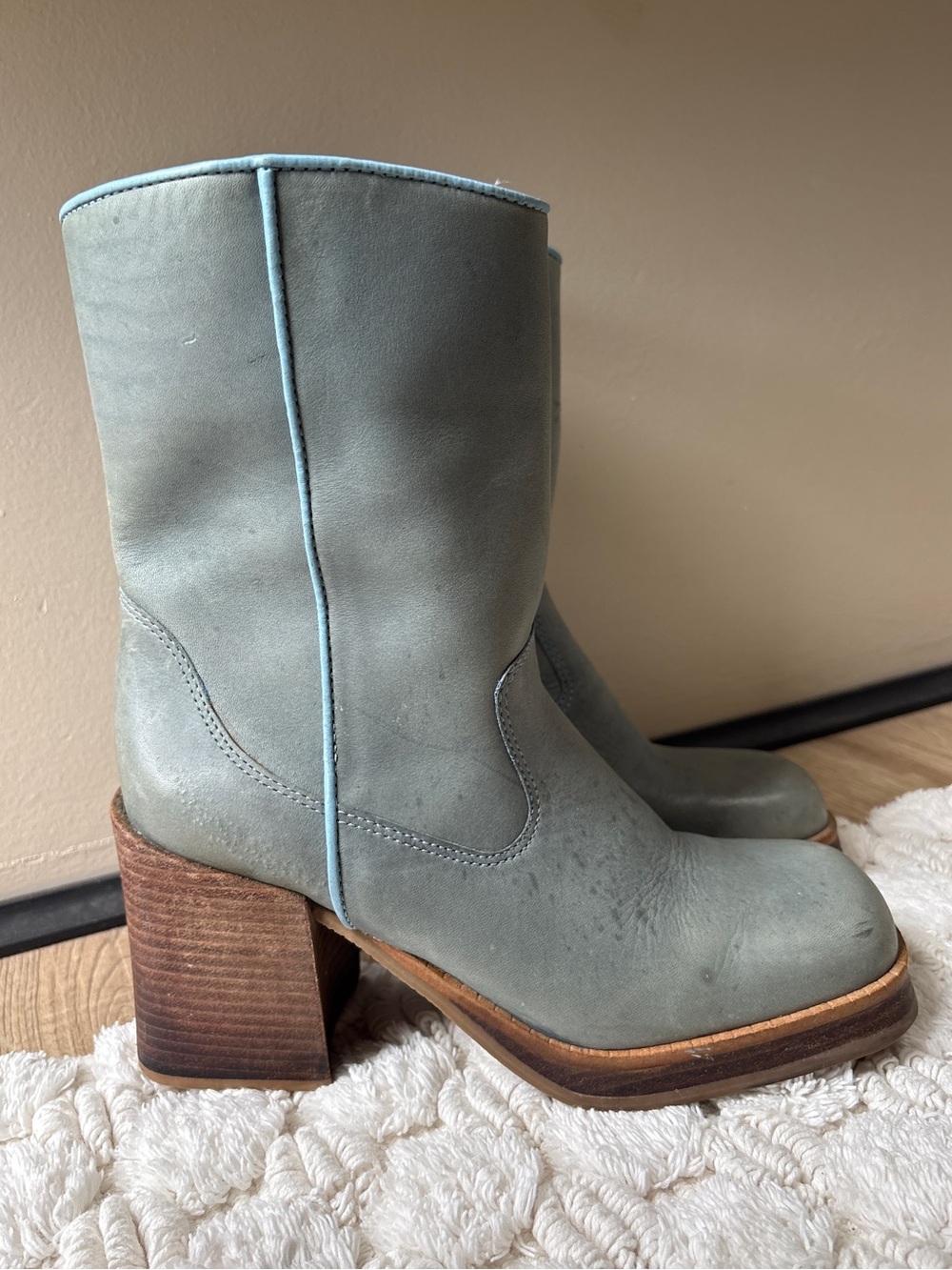 Vintage 90s Connie Too Platform Boots Size 8.5 - Blue Leather & Chunky Wood Heel - Picture 2 of 15